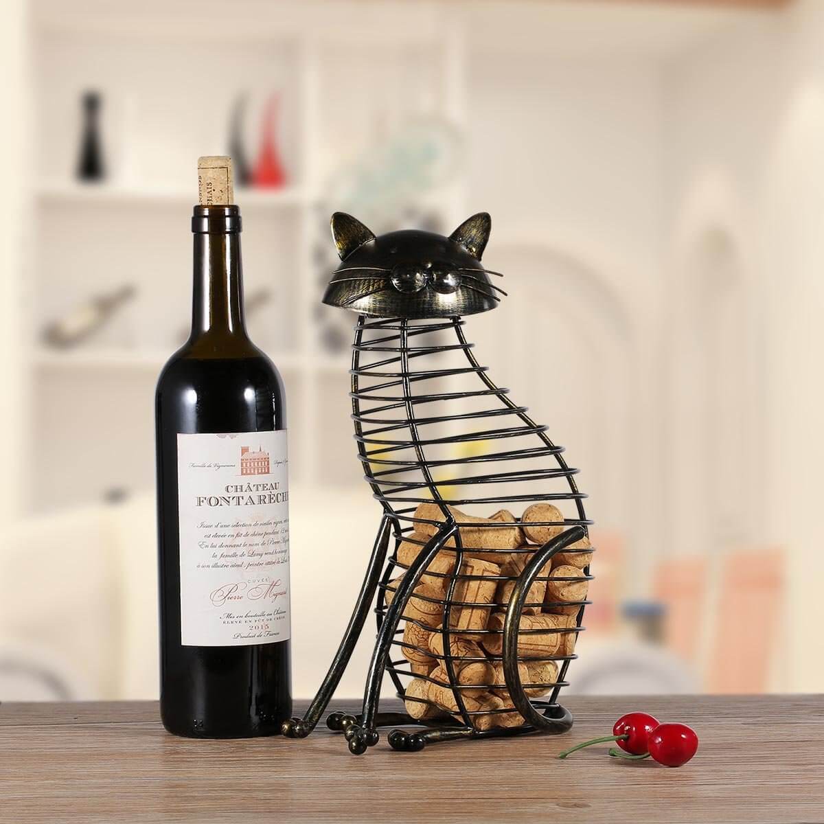 Wine Cork Holder Metal Cat-Shaped Tabletop Display
