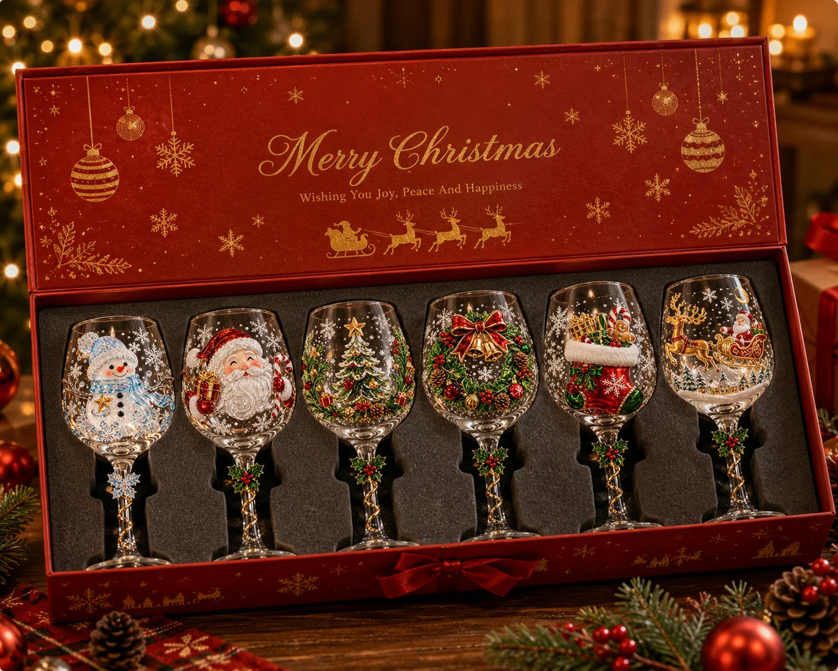 Wine Glasses Clear Glass Raised 3D Holiday Motifs Set of 6