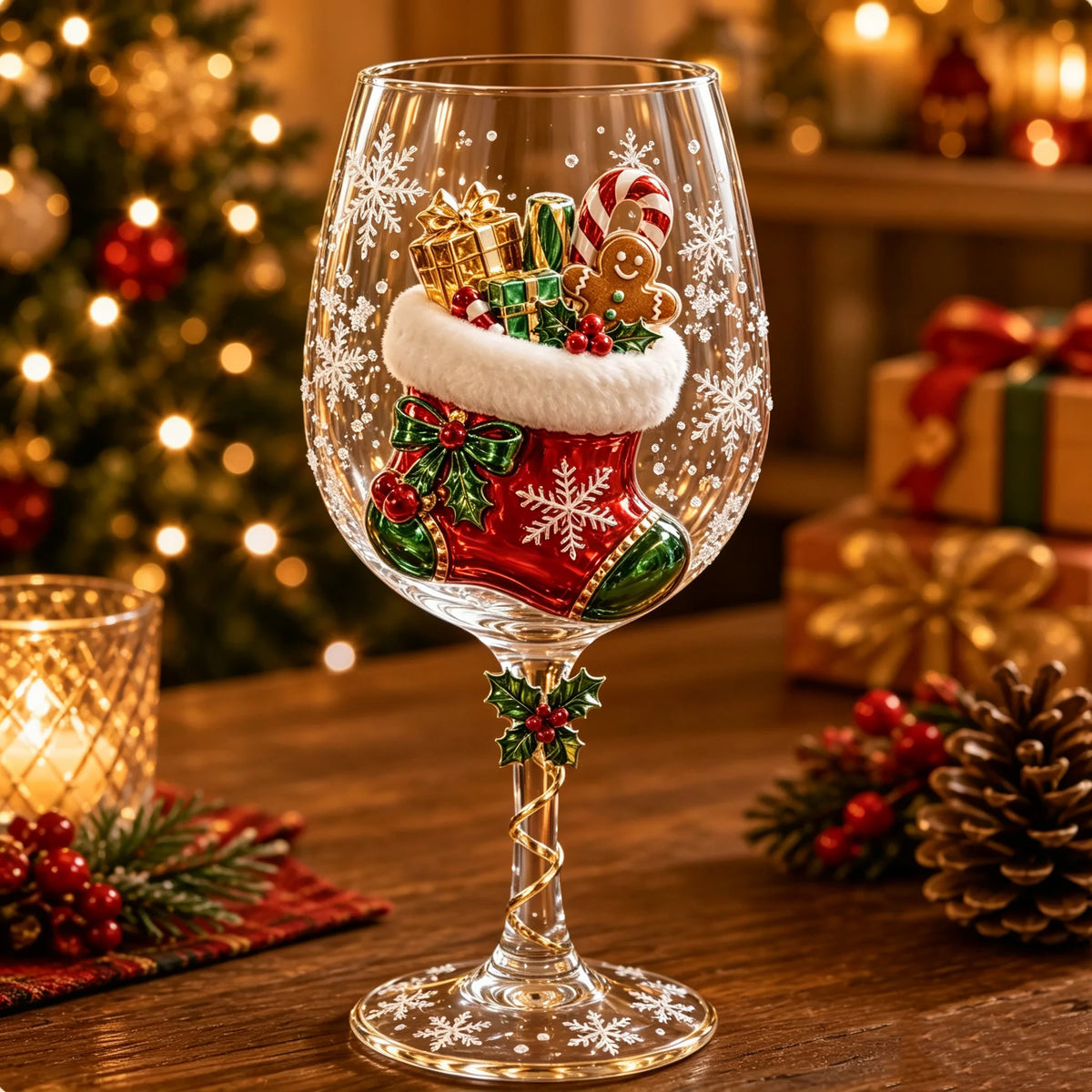 Wine Glasses Clear Glass Raised 3D Holiday Motifs Set of 6
