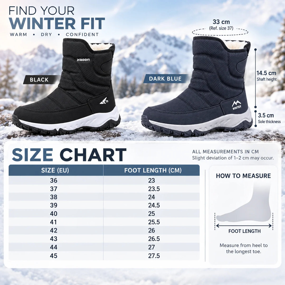 Winter Boots Water-Repellent Plush Lined Side Zipper Non-Slip Sole