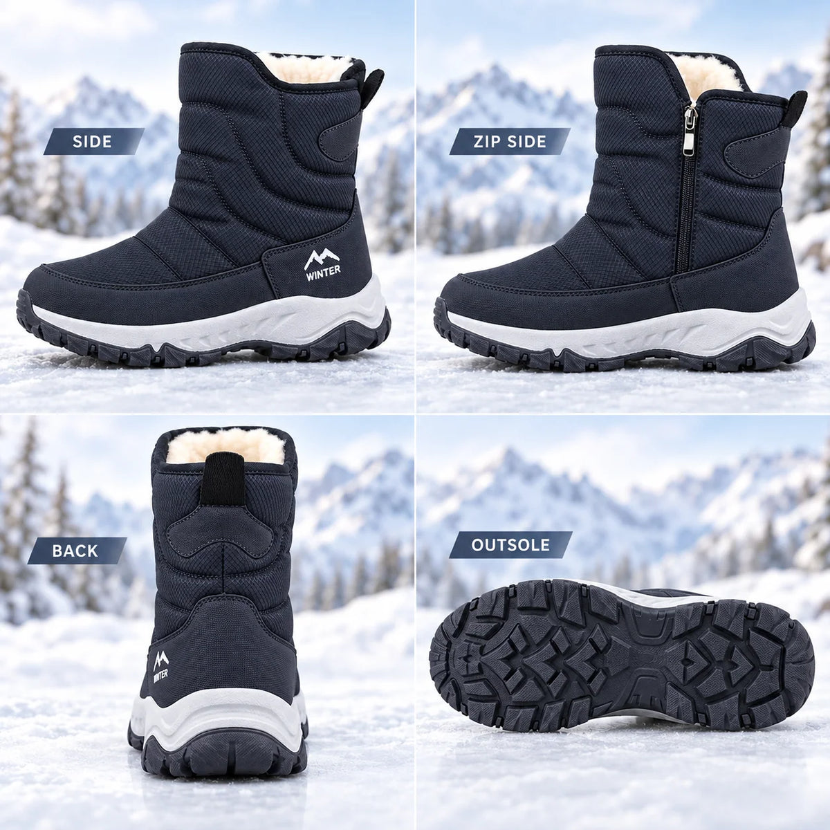 Winter Boots Water-Repellent Plush Lined Side Zipper Non-Slip Sole