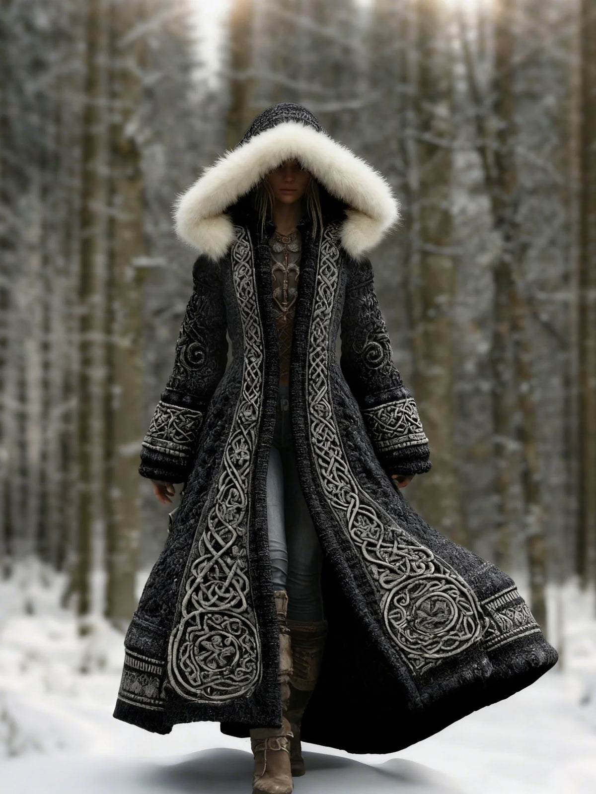 Winter Coat Embroidered Hooded Maxi Length