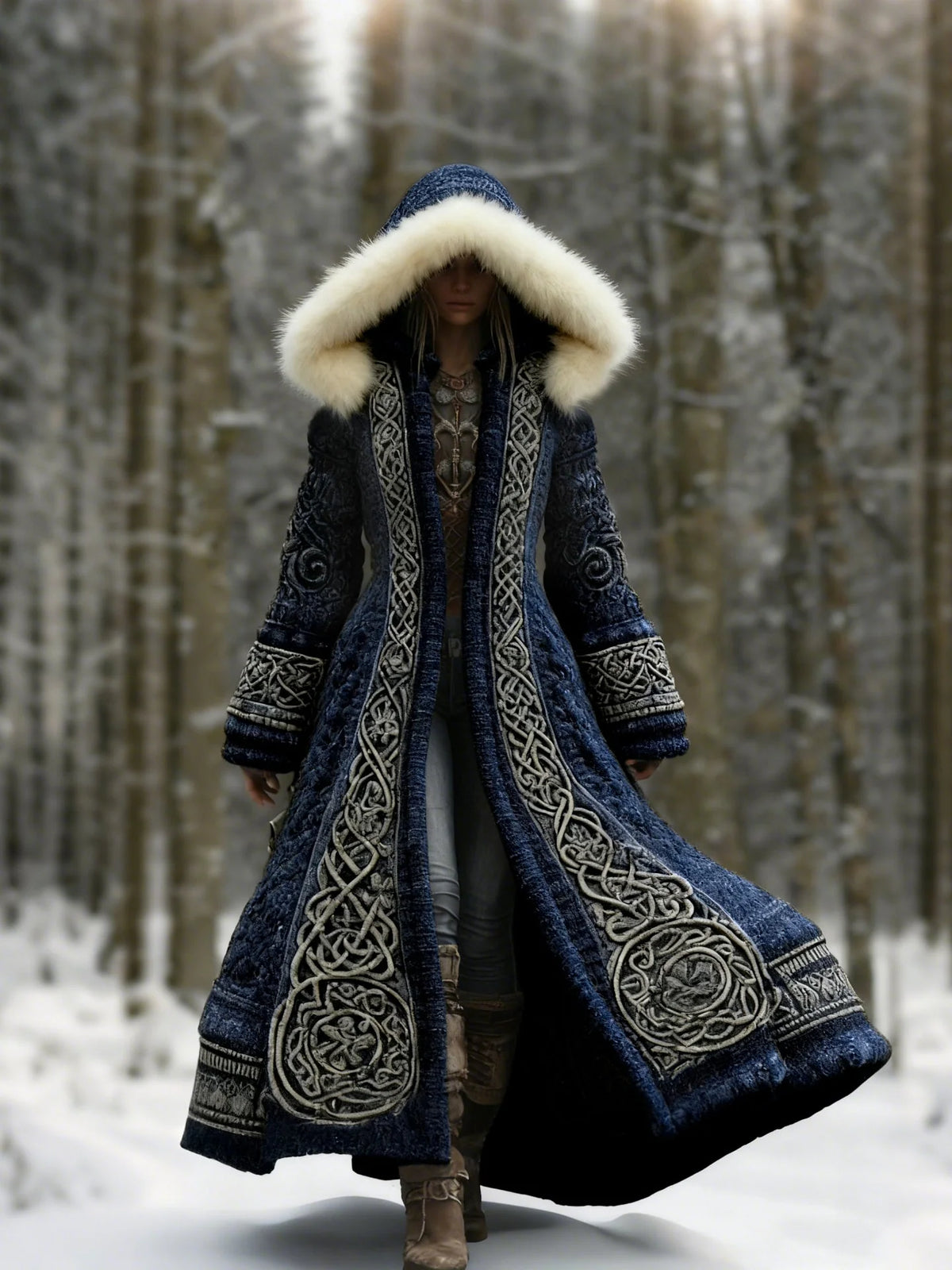 Winter Coat Embroidered Hooded Maxi Length