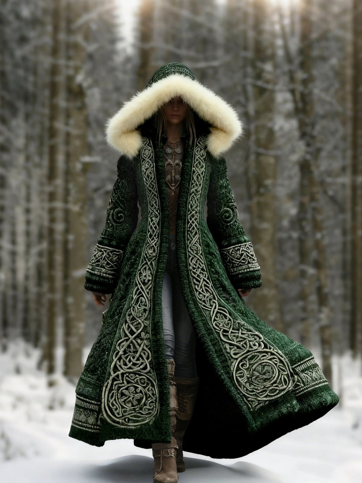 Winter Coat Embroidered Hooded Maxi Length