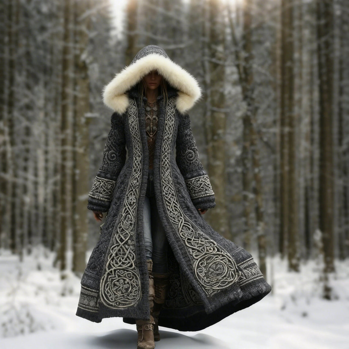 Winter Coat Embroidered Hooded Maxi Length