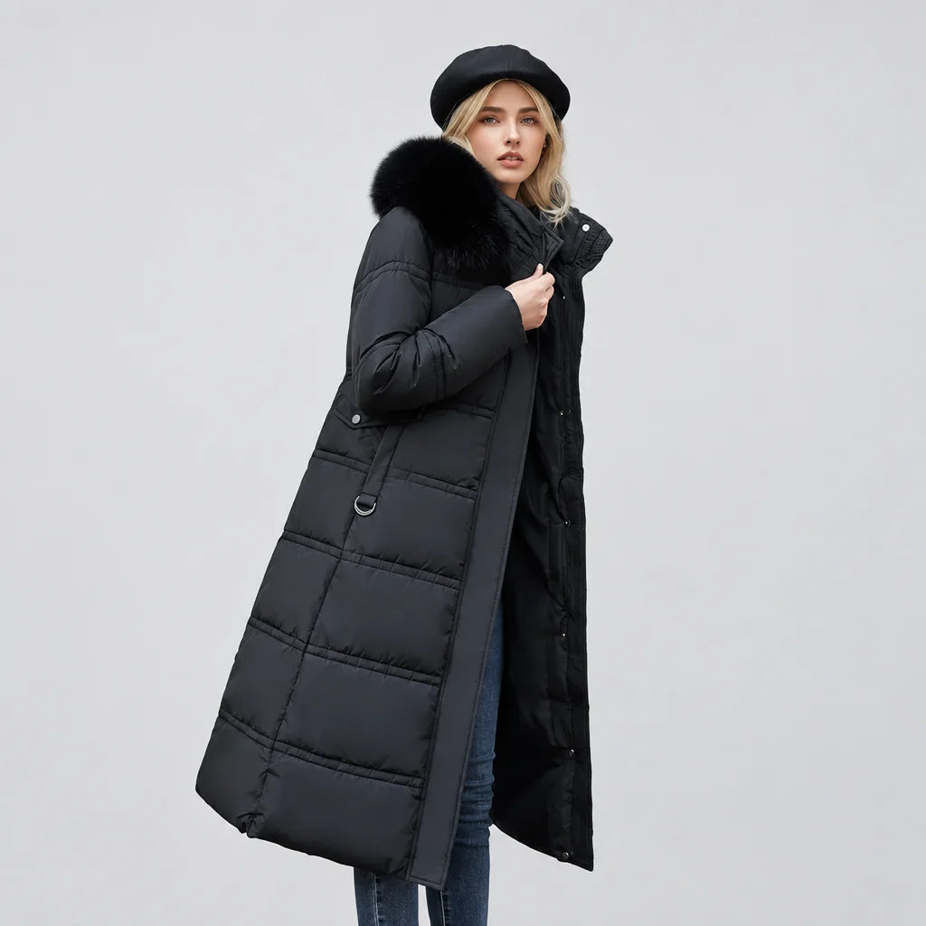 Winter Coat Long Belted Fur-Trimmed Hood