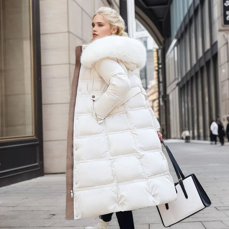 Winter Coat Long Belted Fur-Trimmed Hood