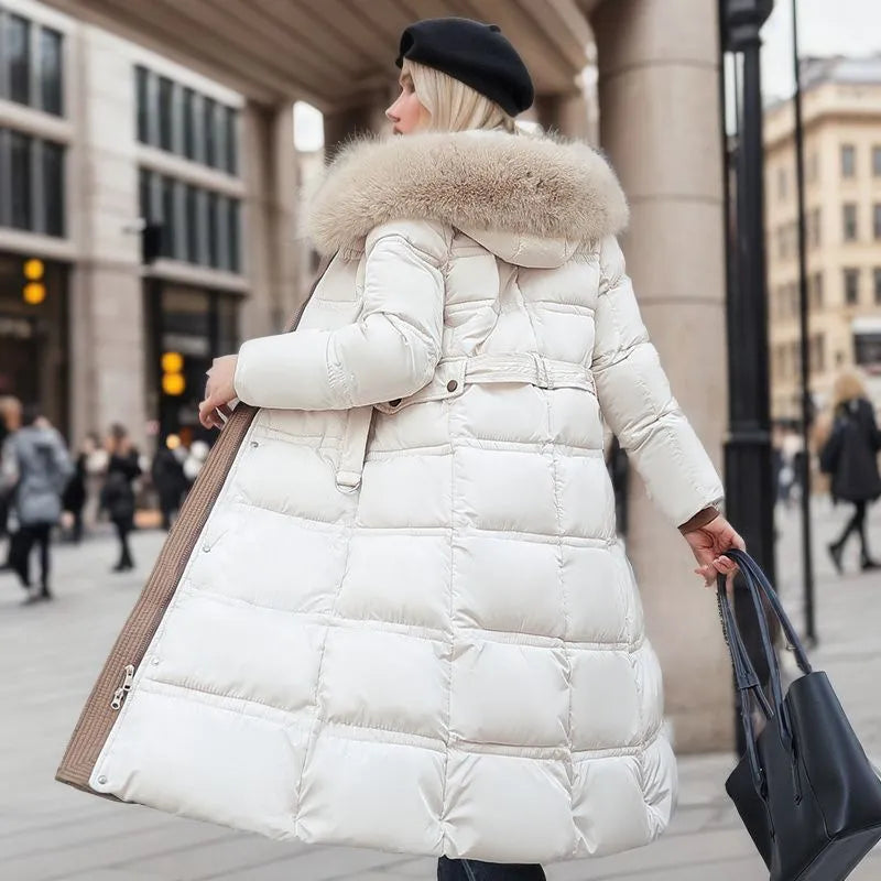 Winter Coat Long Belted Fur-Trimmed Hood