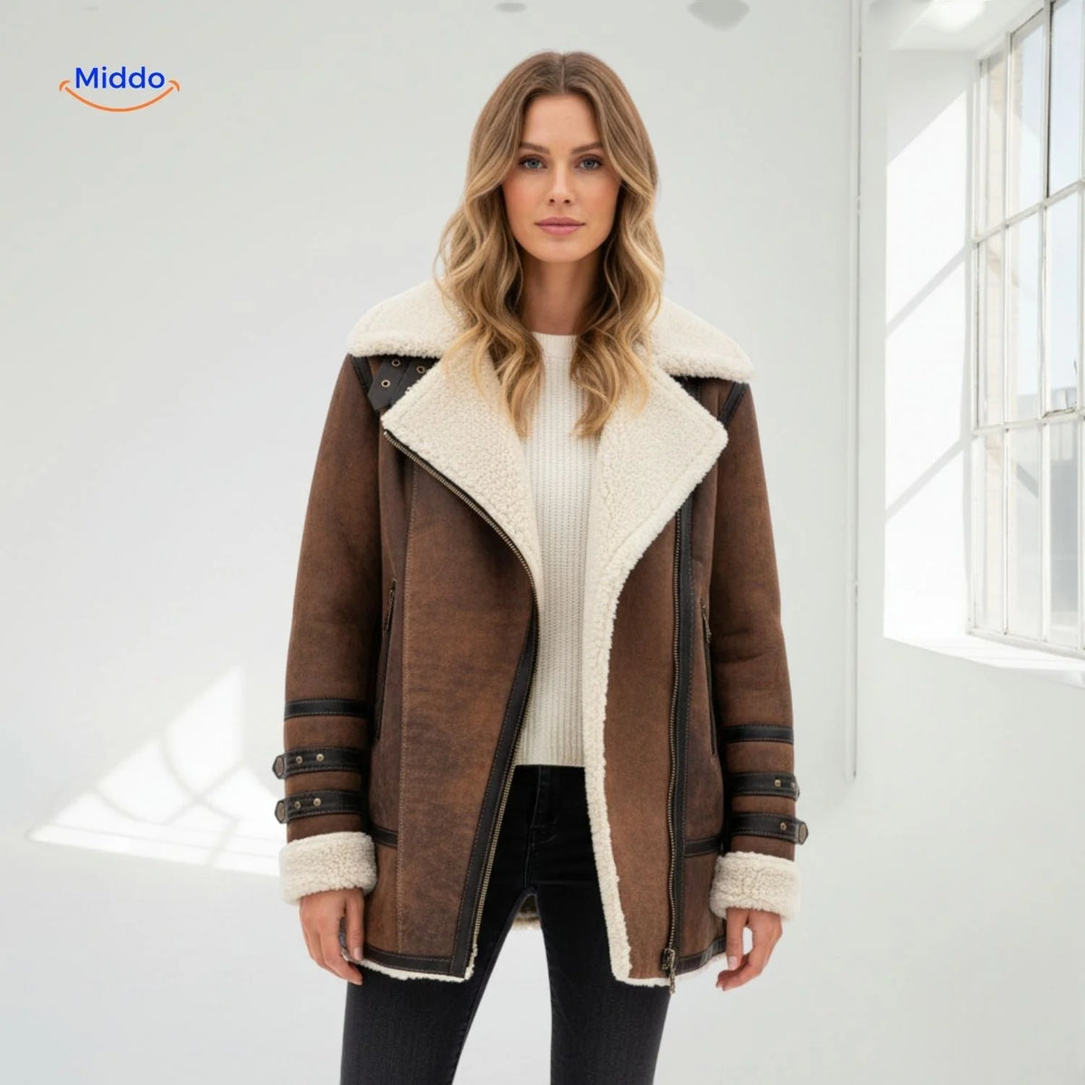 Winter Coat Longline Faux Fur Lined Suede-Look Zipper Pockets