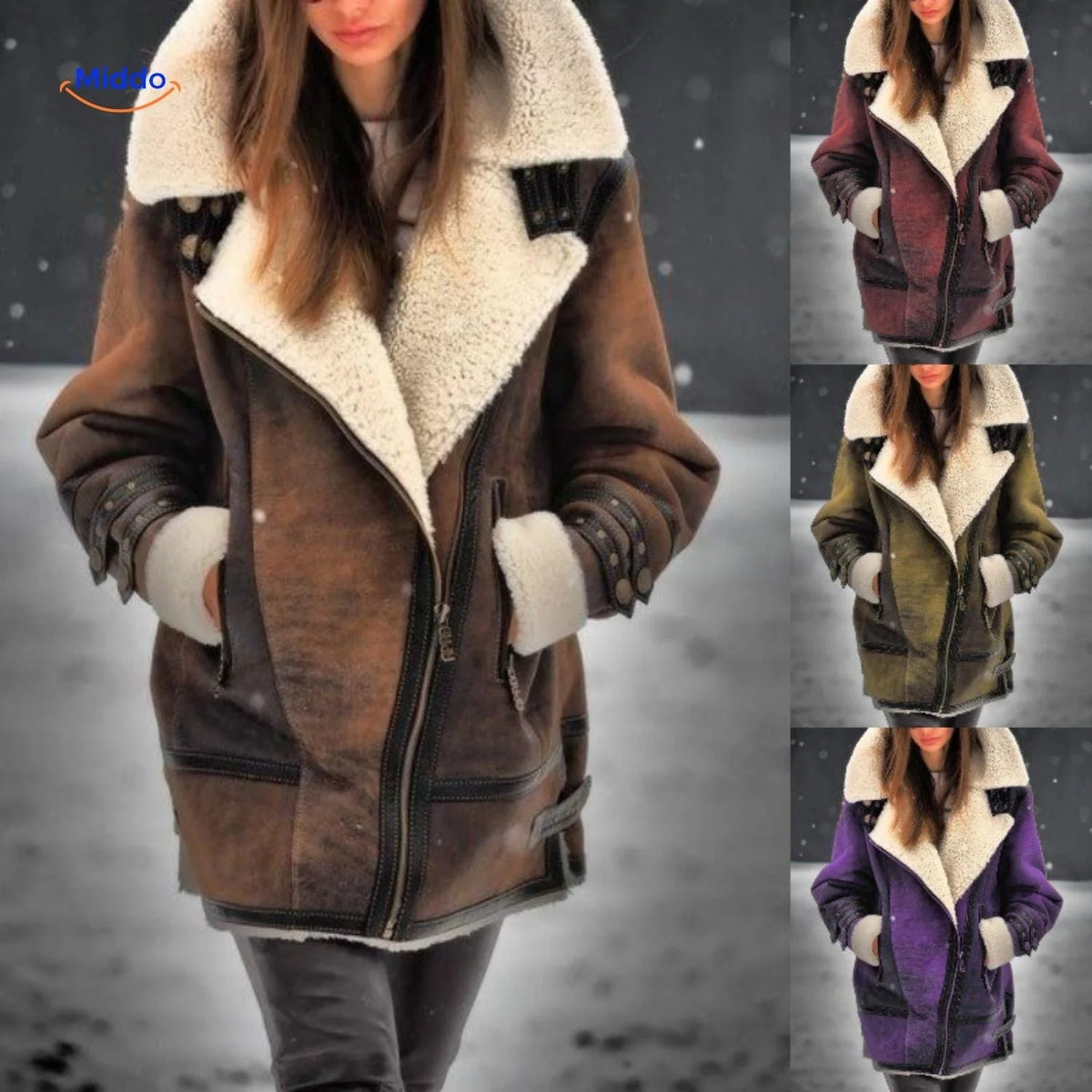 Winter Coat Longline Faux Fur Lined Suede-Look Zipper Pockets
