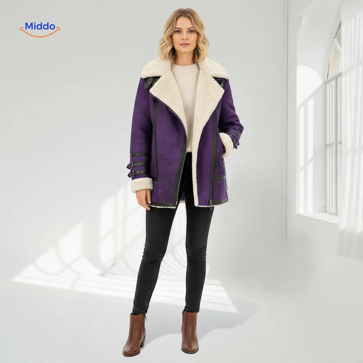 Winter Coat Longline Faux Fur Lined Suede-Look Zipper Pockets