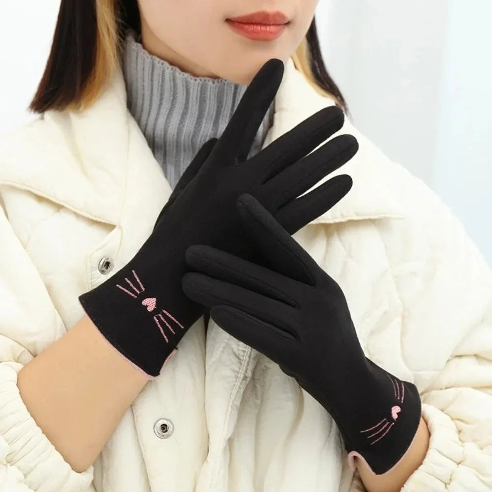 Winter Gloves Touchscreen Fleece-Lined Embroidered Cat Design
