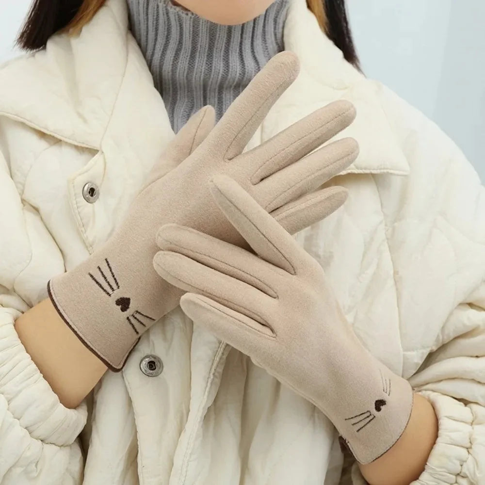 Winter Gloves Touchscreen Fleece-Lined Embroidered Cat Design