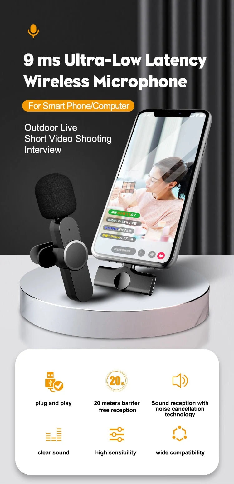 Wireless Microphone HD Audio 65.6 Ft Range App-Free Setup