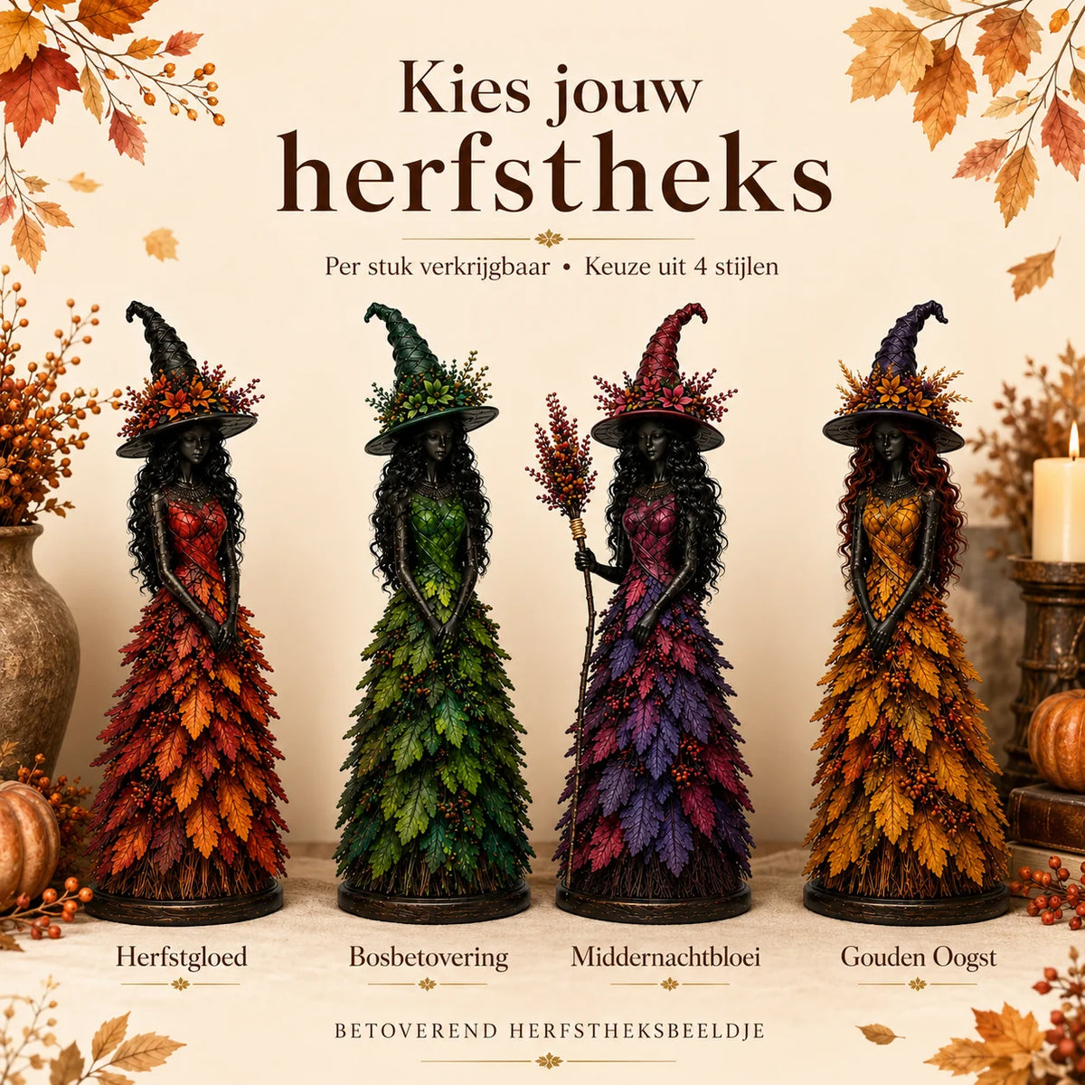 Witch Figurine Hand-Painted Leaf Details Handmade Autumn Decor