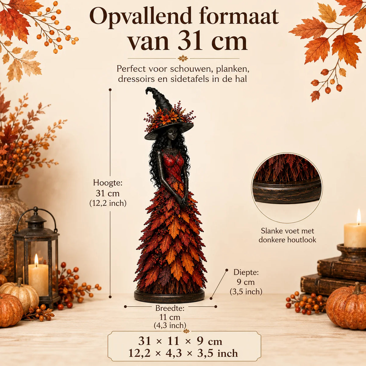 Witch Figurine Hand-Painted Leaf Details Handmade Autumn Decor