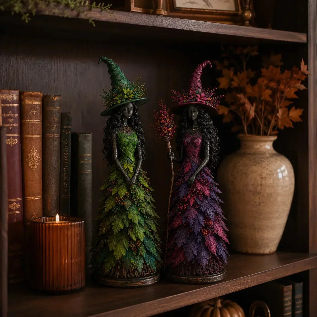 Witch Figurine Hand-Painted Leaf Details Handmade Autumn Decor