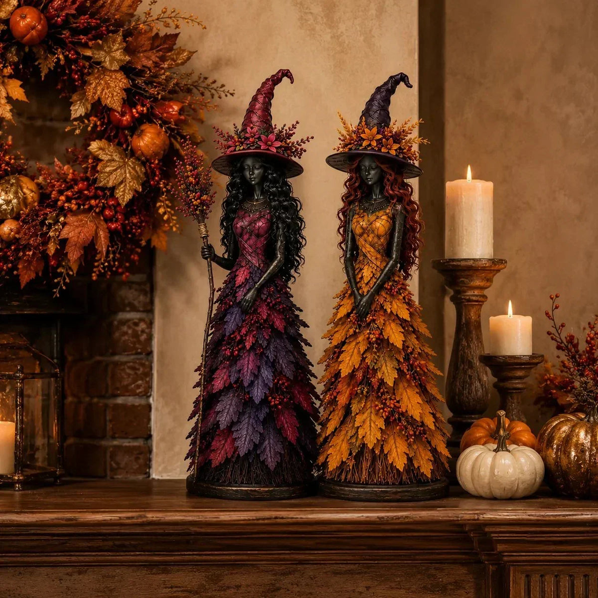 Witch Figurine Hand-Painted Leaf Details Handmade Autumn Decor