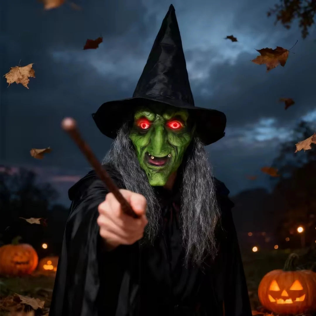 Witch Mask Glowing Eyes With Attached Hat Hair & Glasses