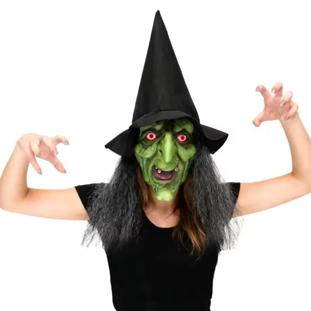 Witch Mask Glowing Eyes With Attached Hat Hair & Glasses