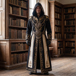 Wizard Costume Long Hooded Robe Celtic-Inspired Details & Wide Belt