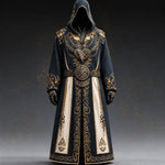Wizard Costume Long Hooded Robe Celtic-Inspired Details & Wide Belt