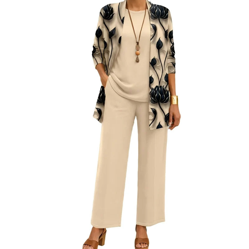 Women's 3-Piece Outfit Set Printed Cardigan Relaxed Trousers