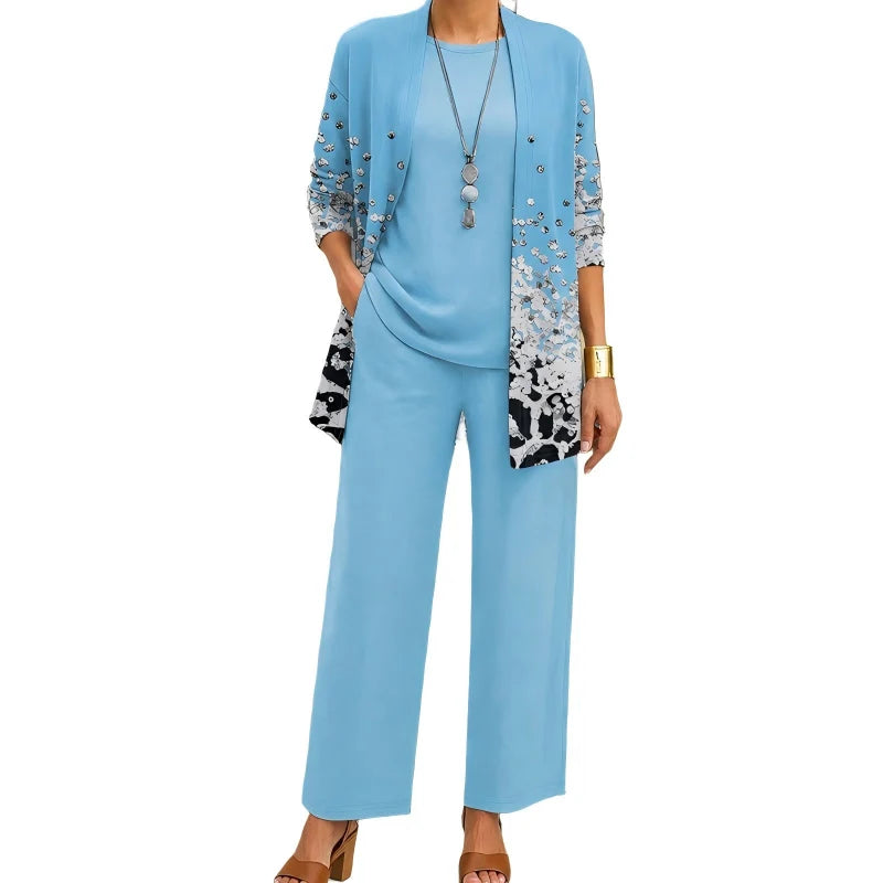 Women's 3-Piece Outfit Set Printed Cardigan Relaxed Trousers