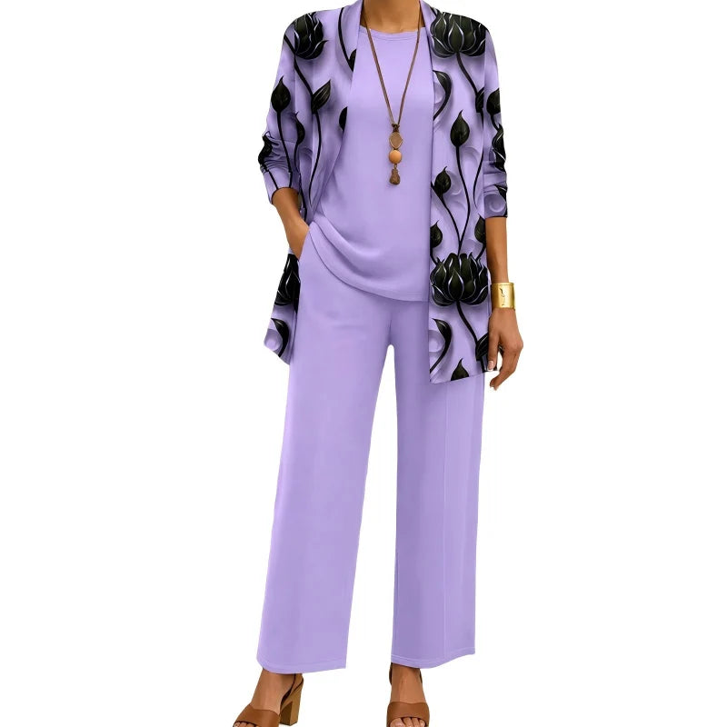 Women's 3-Piece Outfit Set Printed Cardigan Relaxed Trousers