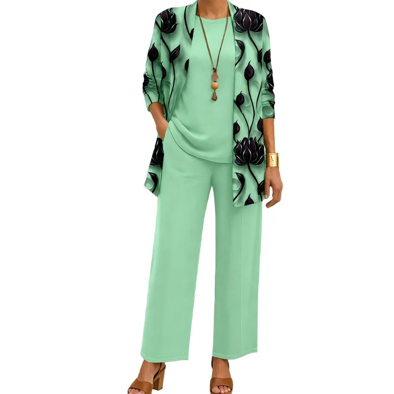 Women's 3-Piece Outfit Set Printed Cardigan Relaxed Trousers