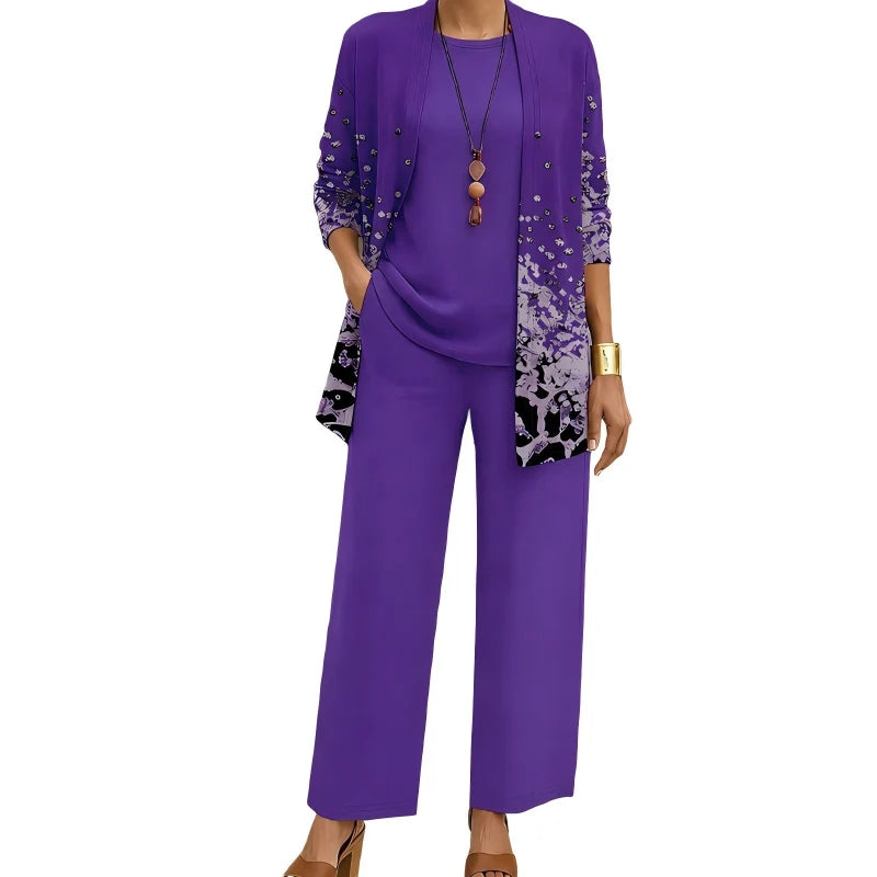 Women's 3-Piece Outfit Set Printed Cardigan Relaxed Trousers