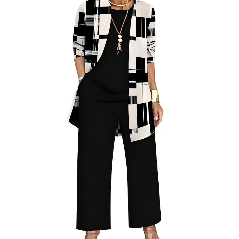 Women's 3-Piece Outfit Set Printed Cardigan Relaxed Trousers