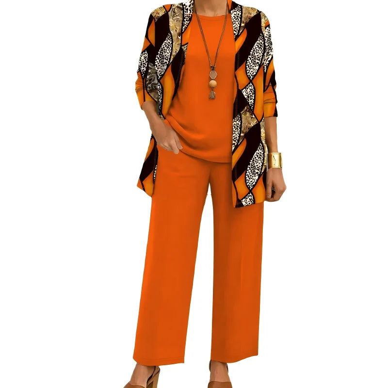 Women's 3-Piece Outfit Set Printed Cardigan Relaxed Trousers