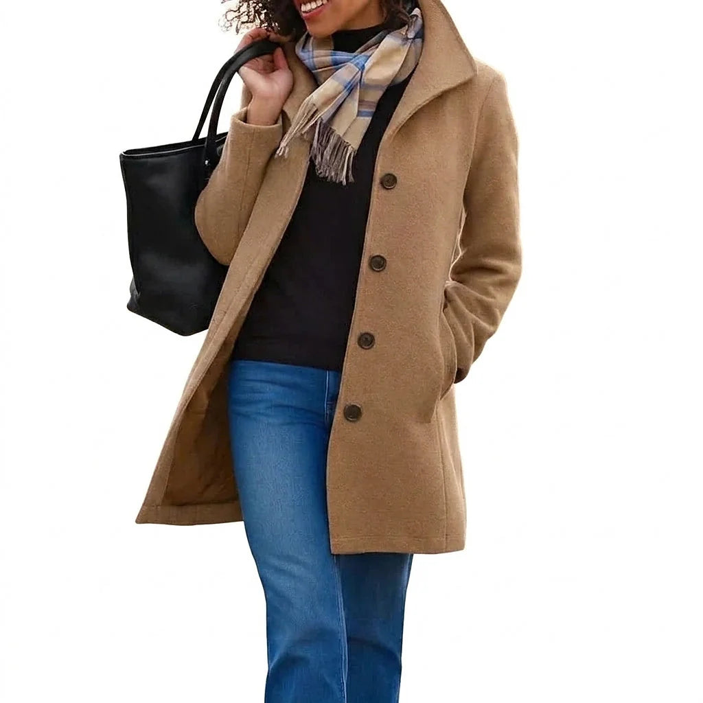 Women's Button-Up Jacket Structured Collar Mid-Length Side Pockets