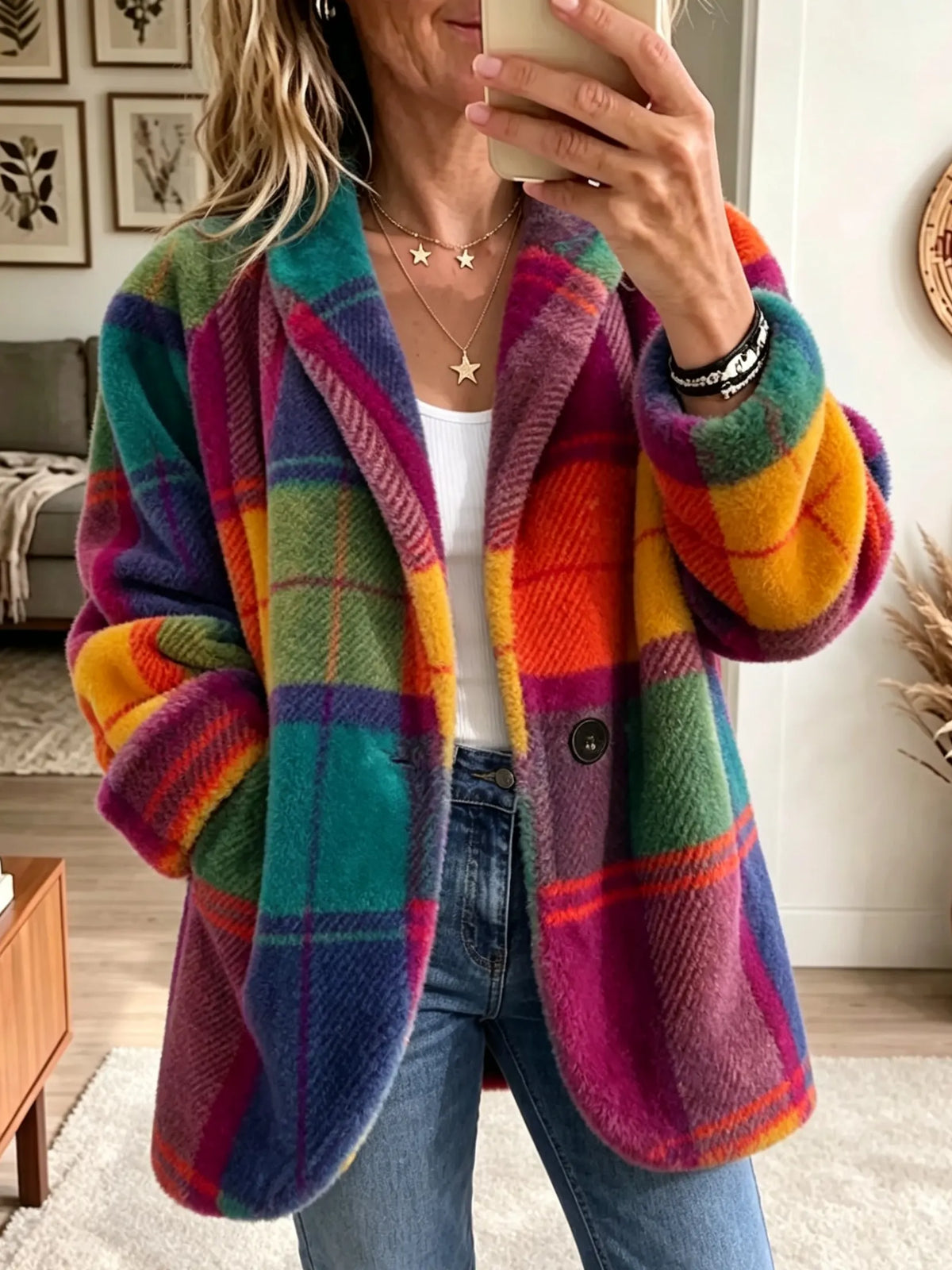Women's Checked Coat Soft Fleece-Like Side Pockets