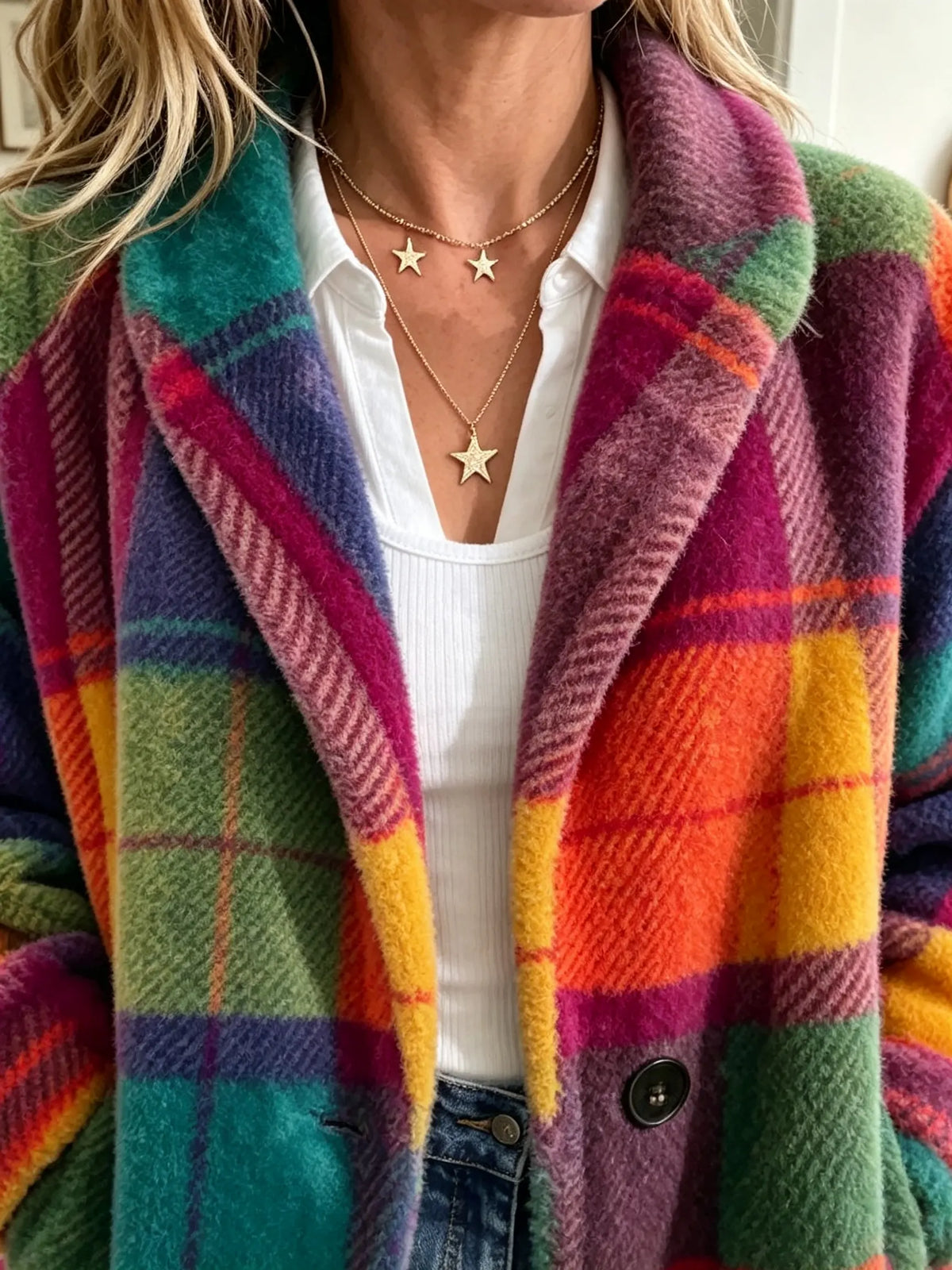 Women's Checked Coat Soft Fleece-Like Side Pockets