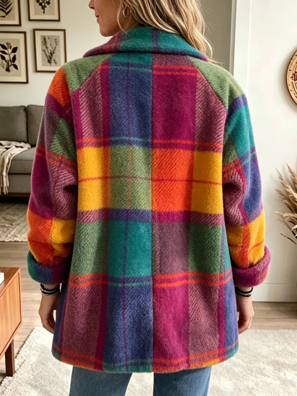 Women's Checked Coat Soft Fleece-Like Side Pockets