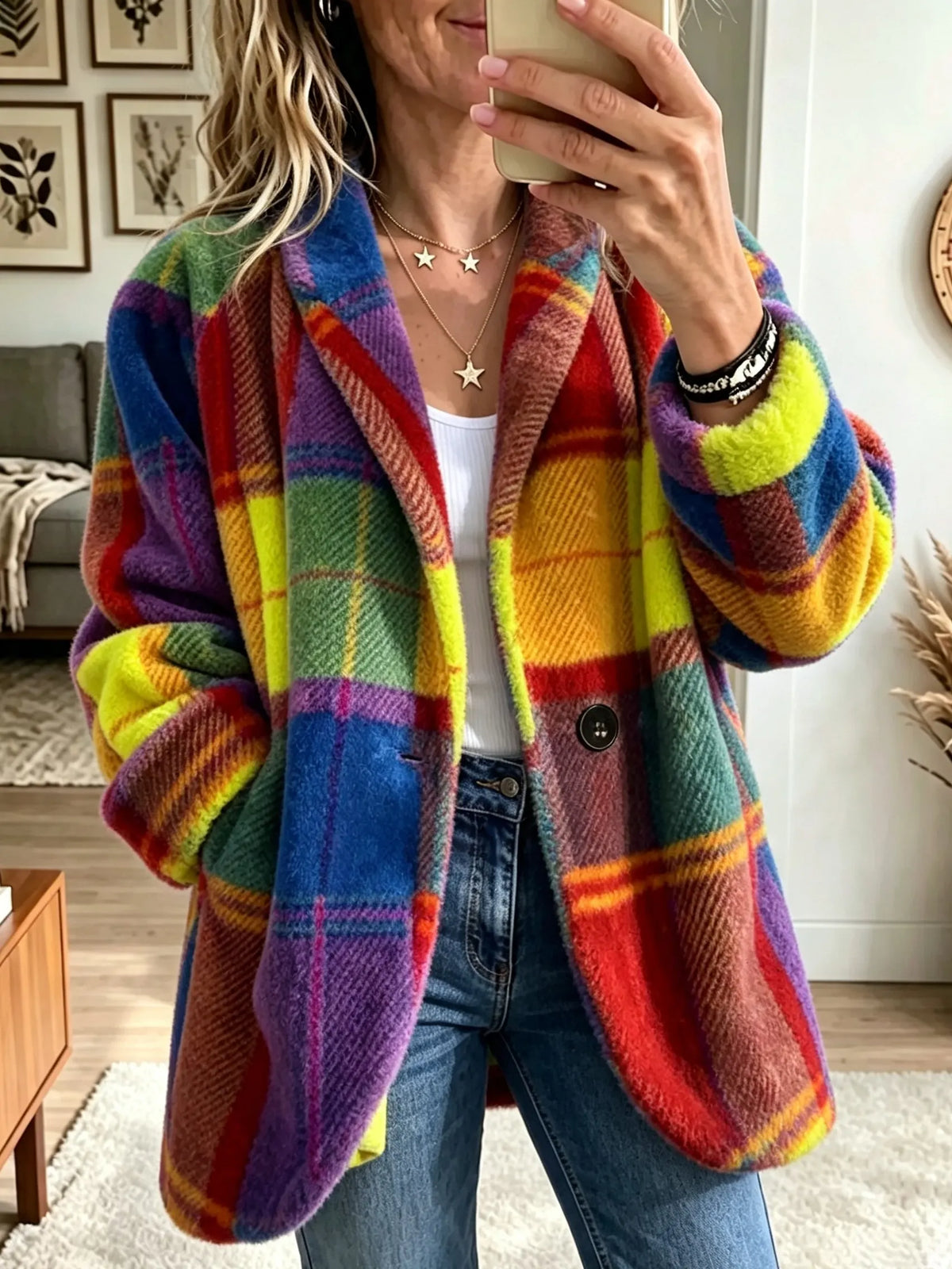 Women's Coat Plaid Fleece-Like Relaxed Fit Side Pockets