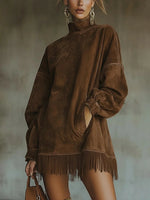 Women's Dress Faux Suede Fringed Hem Relaxed Fit