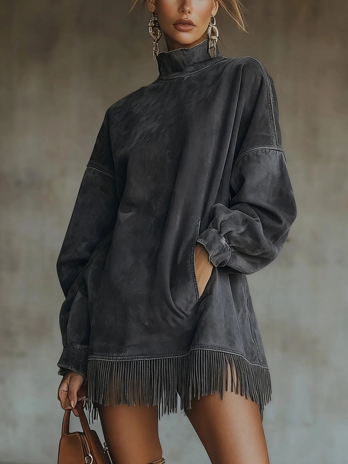 Women's Dress Faux Suede Fringed Hem Relaxed Fit