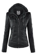 Women's Faux Leather Jacket Weather-Resistant Detachable Hood Soft Lining