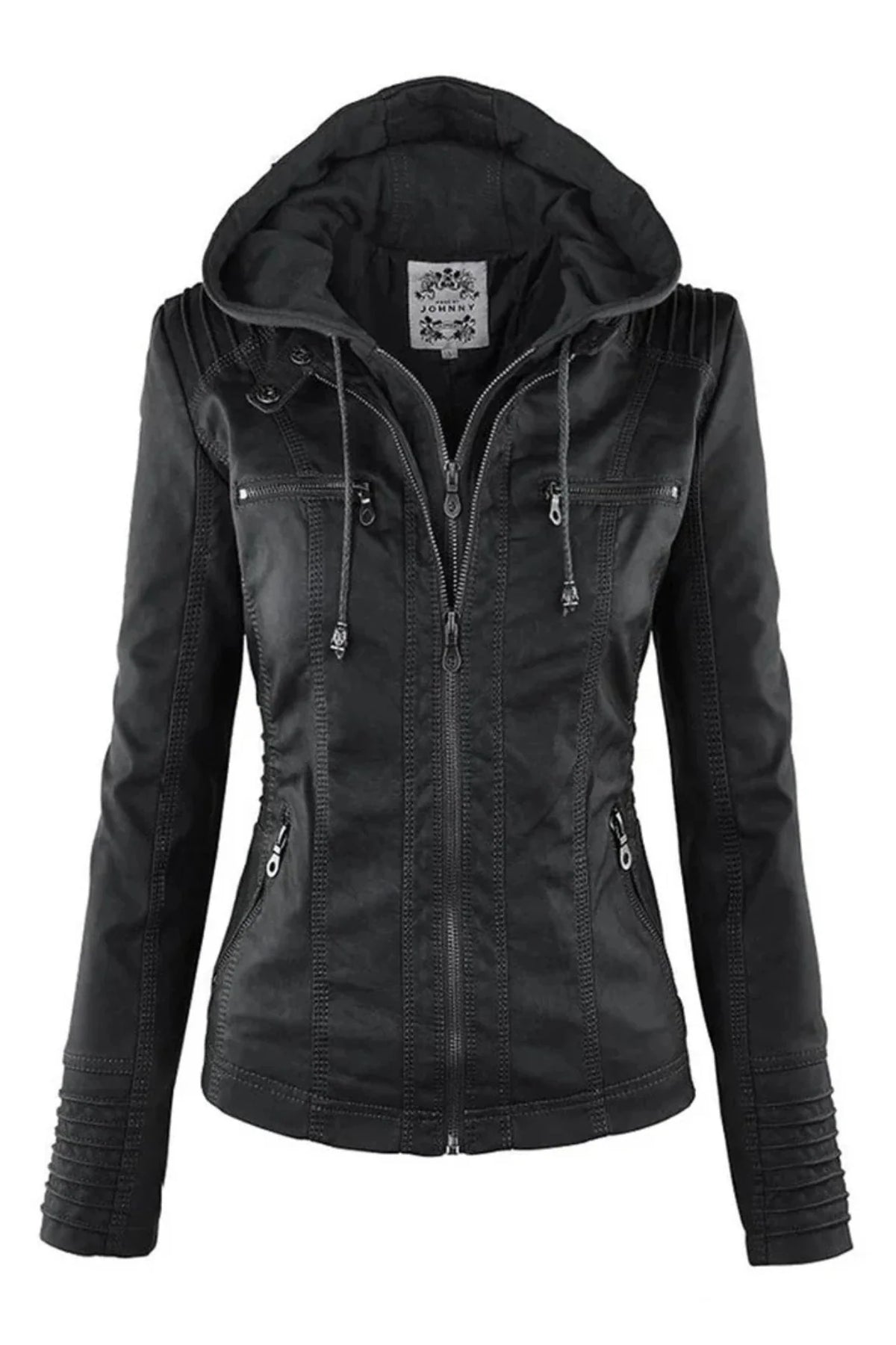 Women's Faux Leather Jacket Weather-Resistant Detachable Hood Soft Lining