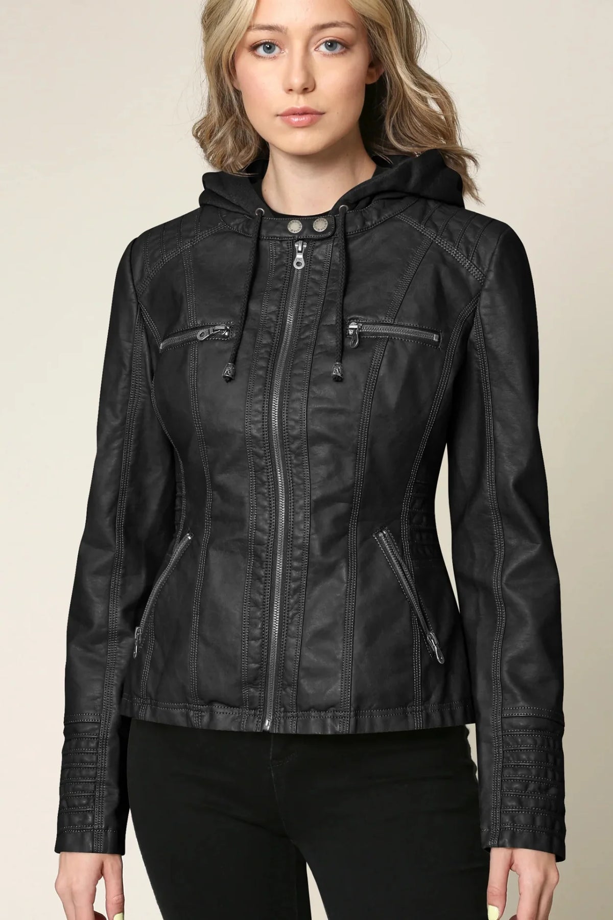 Women's Faux Leather Jacket Weather-Resistant Detachable Hood Soft Lining