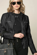 Women's Faux Leather Jacket Weather-Resistant Detachable Hood Soft Lining