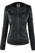 Women's Faux Leather Jacket Weather-Resistant Detachable Hood Soft Lining