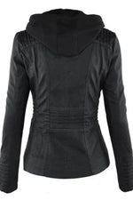 Women's Faux Leather Jacket Weather-Resistant Detachable Hood Soft Lining