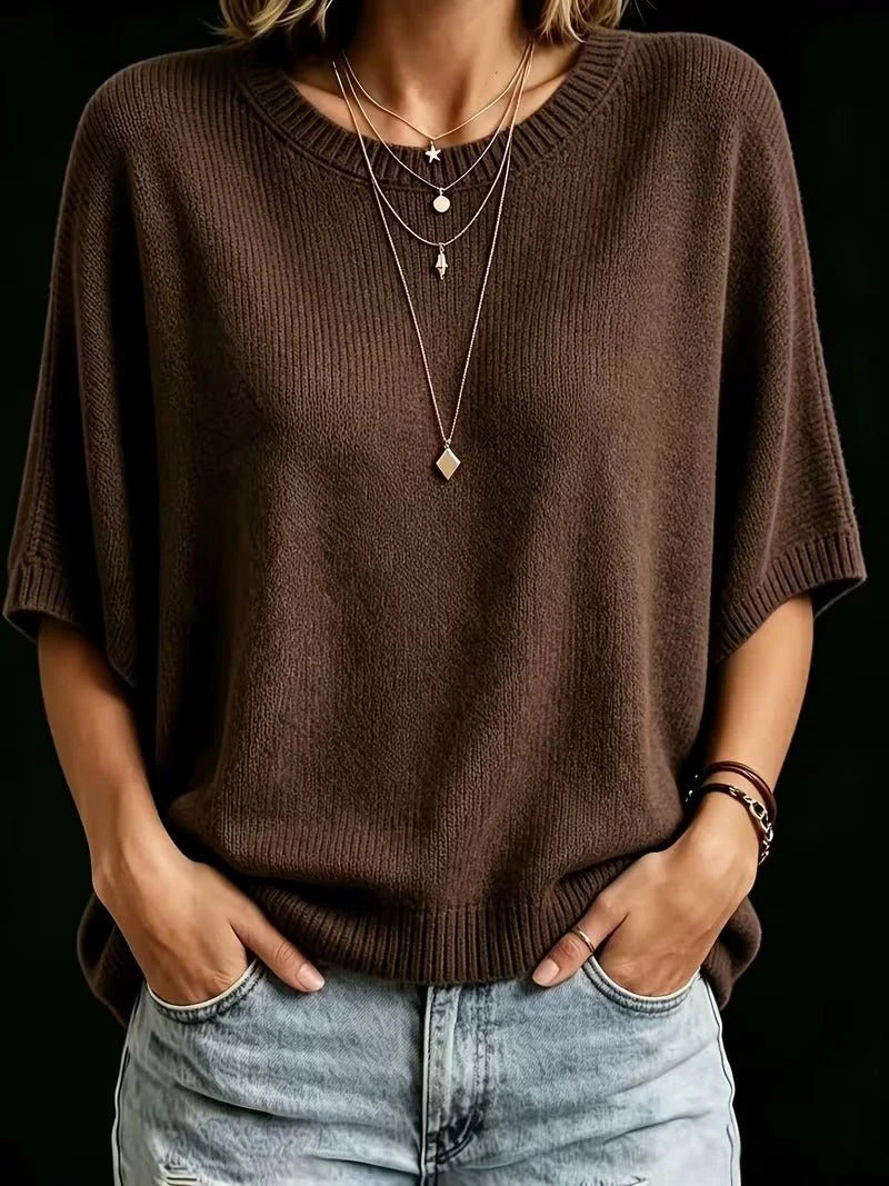 Women’s Knit Top Loose Fit Batwing Sleeves Crew Neck