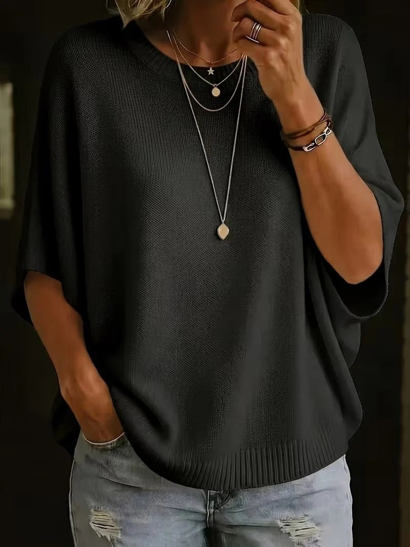 Women’s Knit Top Loose Fit Batwing Sleeves Crew Neck
