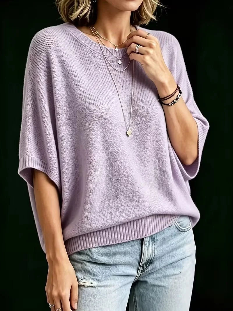 Women’s Knit Top Loose Fit Batwing Sleeves Crew Neck