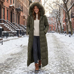 Women's Long Puffer Coat Quilted Faux Fur Hood Belted Waist